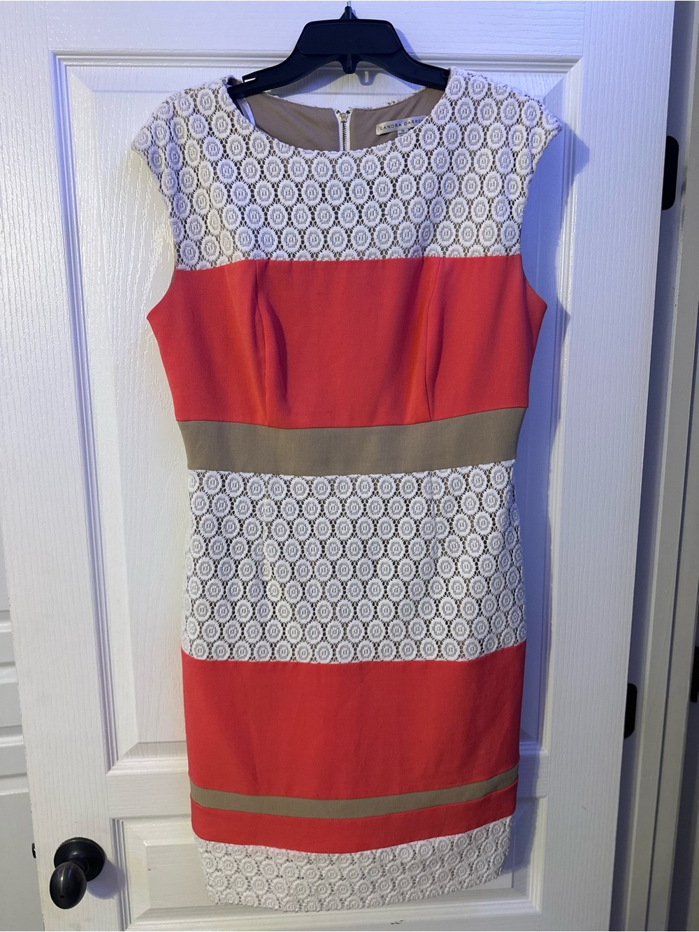 Sandra Darren |- Colorblock Lace Sheath Dress in Coral and Taupe